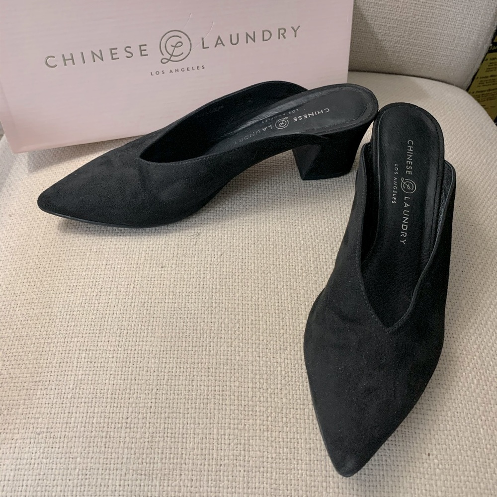 Chinese Laundry Black Suede Heeled Mules